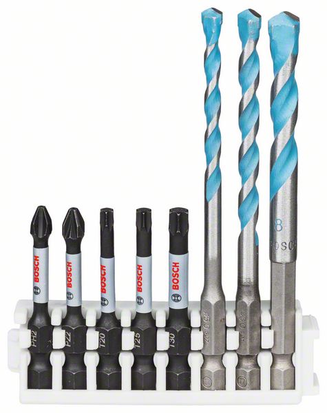 Bosch PRO Impact Set -sarja, joka sisältää Multi Construction -poranterät ja Pick and Click -säilytysalustan, PH2 x 50 mm, PZ2 x 50 mm, T20 x 50 mm, T25 x 50 mm, T30 x 50 mm, MC 5/6/8 x 50 mm, 8 kpl