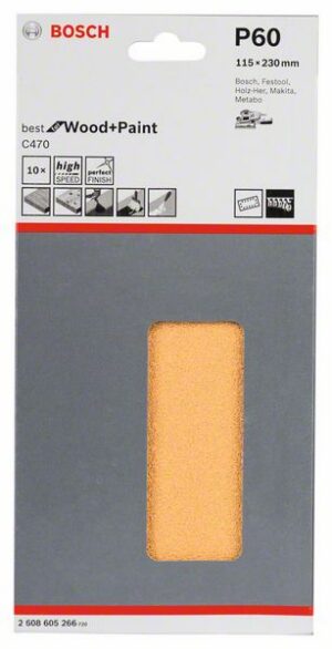 Hiomapaperi Bosch puulle 115x230 mm, rei'itetty, .Velchro, 10 kpl, karkeus K60