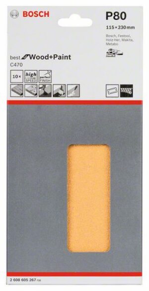 Hiomapaperi Bosch puulle 115x230 mm, rei'itetty, .Velchro, 10 kpl, karkeus K80