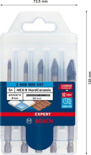 Bosch EXPERT HEX-9 Hard Ceramic -poranteräsarja, 4 x 90; 5 x 90; 6 x 90; 8 x 90; 10 x 90 mm, 5 osaa