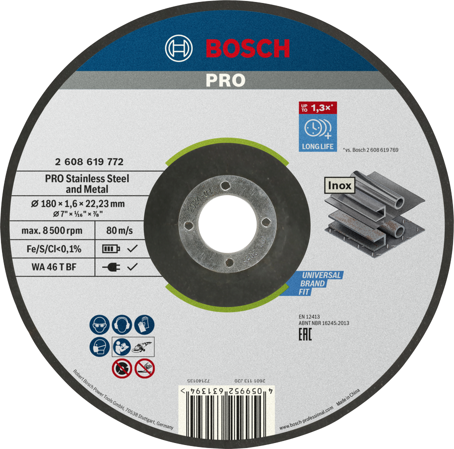 Bosch Sidosrakenteinen PRO Stainless Steel and Metal -katkaisulaikka, 180 x 1,6 x 22,23 mm, syvennetty keskus